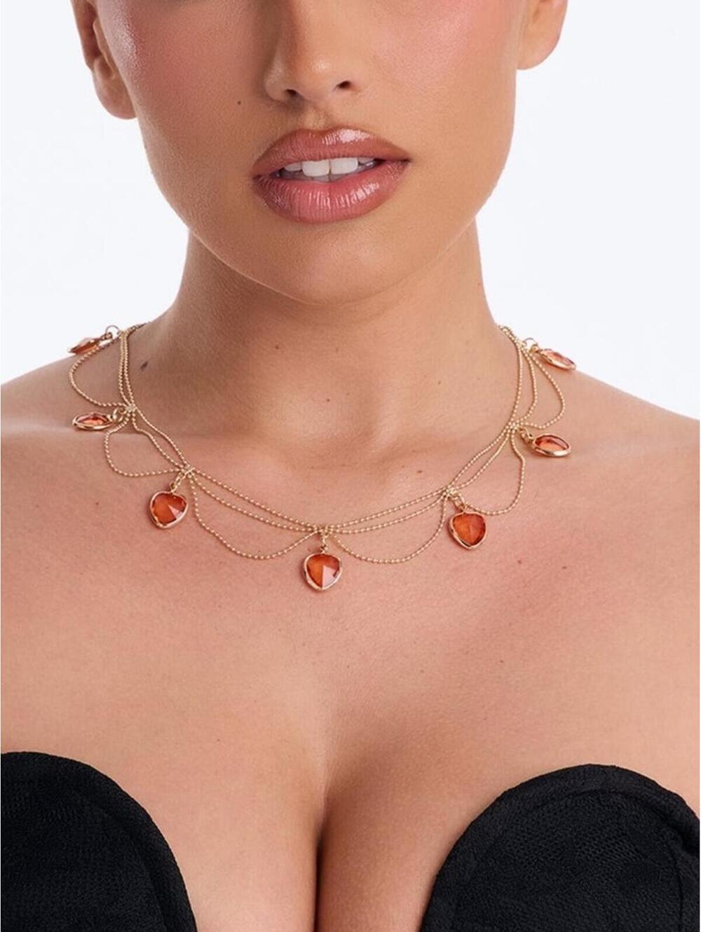 Fashion Nova Gold-Tone Necklace with Tangerine Heart Pendants